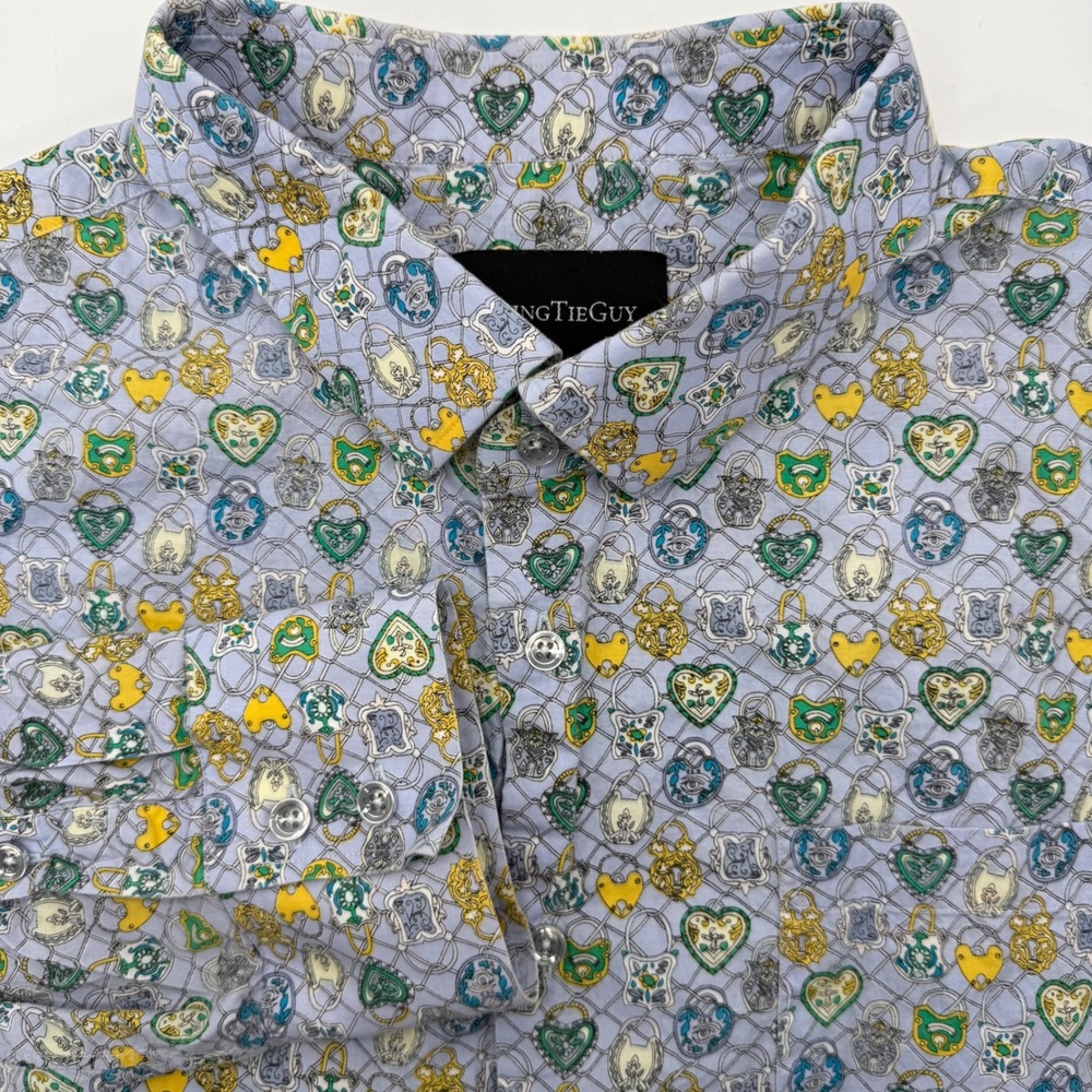 TravelingTieGuy Button Down Shirt Men Blue Heart Padlock Key Novelty Print XXL
